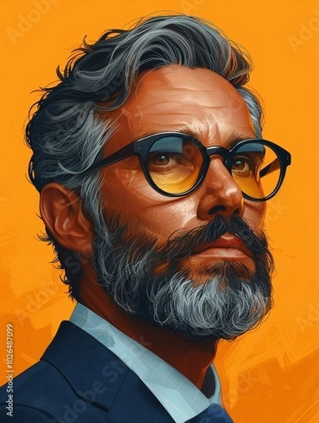 Obraz Detailed Portrait of Hipster Businessman with Gray Beard and Glasses  
