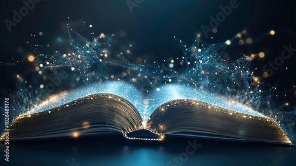 Fototapeta An open book with glowing lines and particles emanating from its pages, symbolizing knowledge, imagination, and the power of stories.