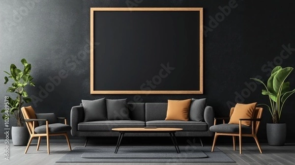 Fototapeta Modern living room with dark gray sofa, armchairs, a coffee table, and large empty frame on dark wall. Decorated with orange cushions and potted green plants on wooden floor.