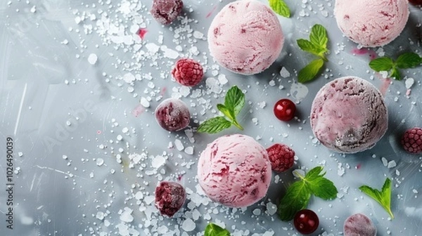 Fototapeta Delicious Strawberry Ice Cream: Scoops with Fresh Raspberries and Mint.
