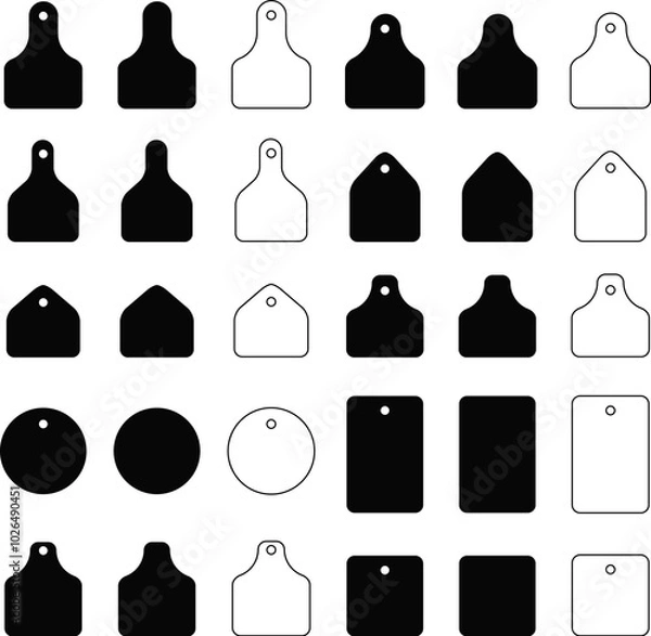Fototapeta Vector cow ear tags isolated on white background. Identification labels for cattle, farm animals, livestock. Set of earmark mockups for livestock 