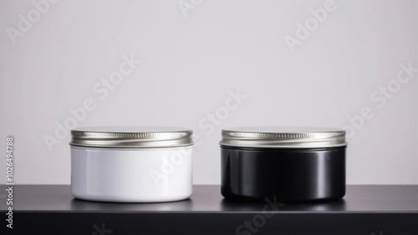 Fototapeta This image showcases compact, circular tins for hair wax with a minimalistic design, displayed without text or logos on a barbershop counter. Ideal for promoting modern grooming products.