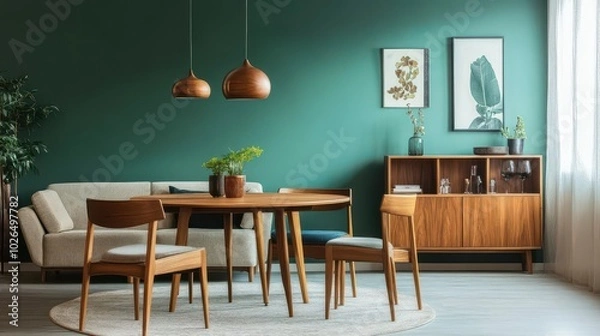 Fototapeta Modern Dining Room with Green Walls and Wooden Furniture