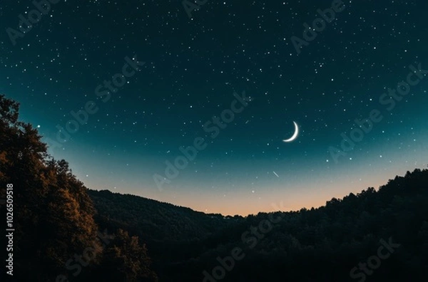 Fototapeta Serene Night Sky with Stars and Crescent Moon, Symbolizing the Spiritual Connection of Ramadan to the Divine.