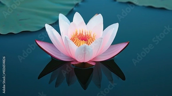 Obraz A serene pink lotus flower floats gracefully on calm water, surrounded by green leaves, reflecting its beauty in a peaceful setting.
