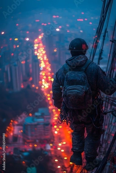Obraz Electrician Climbing An Electrical Tower At Dusk