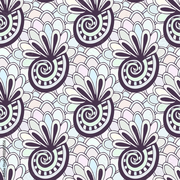 Fototapeta Doodling seamless pattern with seashells. Zentangle coloring page. Creative background for textile or coloring book in pastel colors.