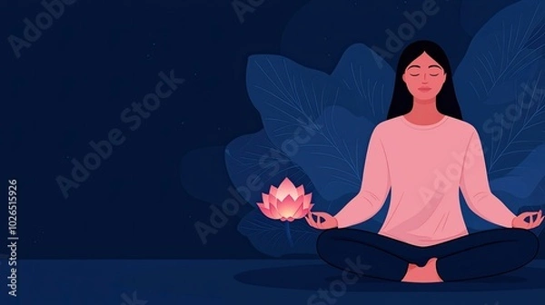 Fototapeta A serene woman meditates in a dark background, holding a glowing lotus flower, embodying tranquility and mindfulness.