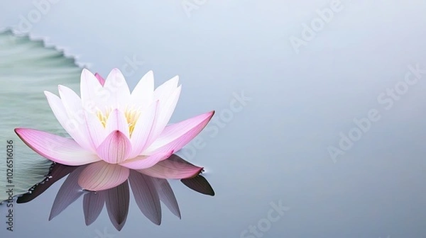Fototapeta A serene pink lotus flower floats gracefully on calm, reflective water, surrounded by gentle green leaves, creating a peaceful atmosphere.