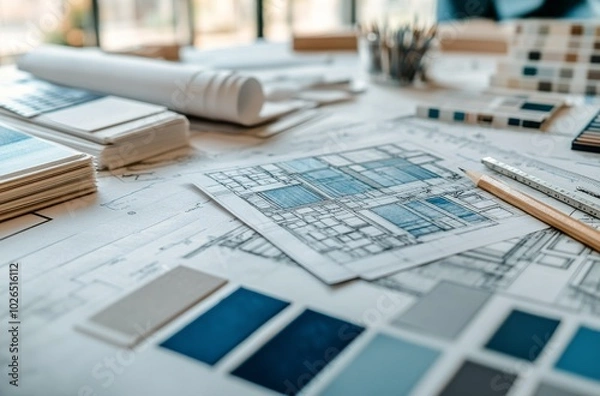 Fototapeta Architectural designs, color palettes, and materials arranged on a workspace table in daylight