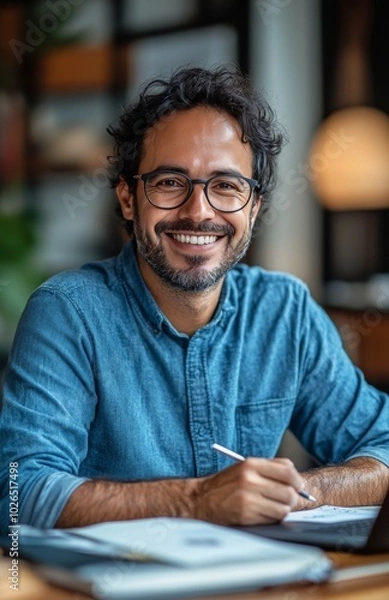 Obraz Man writing in a notebook while smiling in a cozy workspace with soft lighting