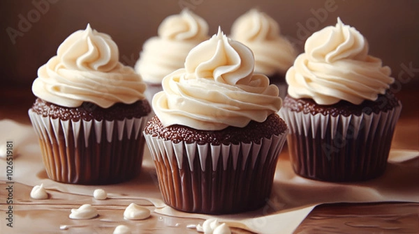 Fototapeta Delicious chocolate cupcakes with creamy frosting displayed on a rustic wooden table