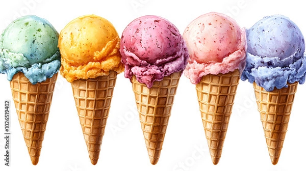 Fototapeta Colorful assortment of ice cream cones displayed in a row, highlighting various flavors and textures at a summer event