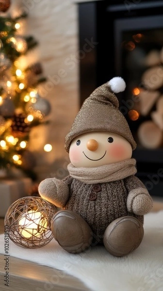 Fototapeta A heartwarming holiday display showcases a gnome in a decorative iron ball, accented by small trees, pine cones, and twinkling lights on a black tabletop