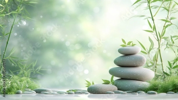 Fototapeta Zen Stones and Bamboo in a Tranquil Green Setting