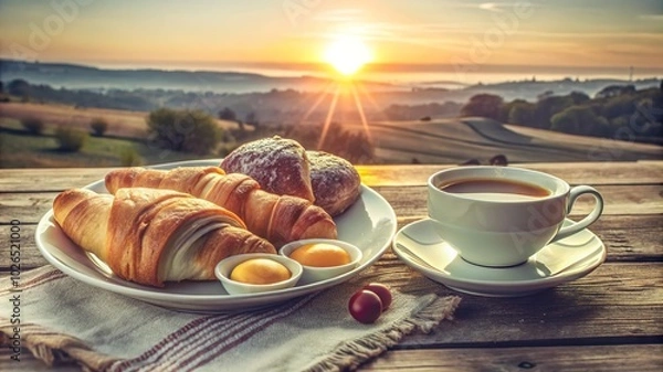 Fototapeta Enjoying a delightful breakfast of eggs, croissants, and coffee while watching the sunrise over a serene landscape