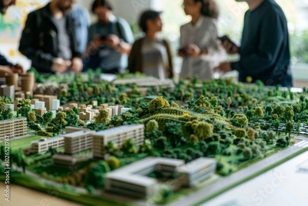 Fototapeta Interactive urban planning session featuring a detailed model of a green city landscape with participants discussing ideas