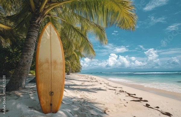 Fototapeta A serene beach scene featuring a surfboard leaning against a tree on a sunny day
