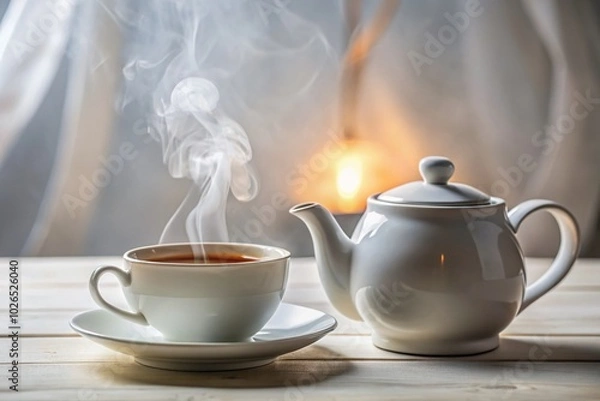 Fototapeta A serene macro photo captures tea in a white ceramic cup alongside a teapot on a pristine white table, evoking tranquility and relaxation moments.