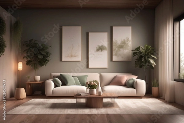 Fototapeta Modern minimalist living room interior have sofa and decor accessories with white color wall- 3D rendering