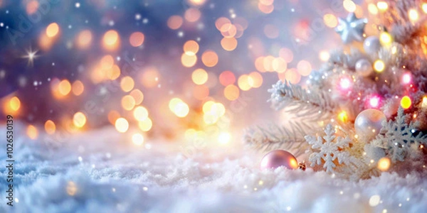 Fototapeta A snowy scene is brightened by twinkling bokeh lights and a festive tree adorned with colorful ornaments. Soft snowflakes and shimmering baubles create a magical holiday atmosphere. AI generated.