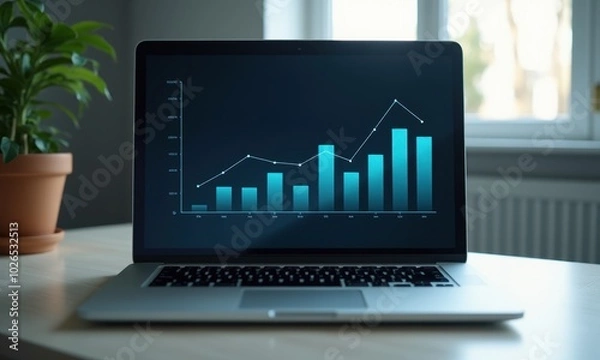 Fototapeta Analytics data on a laptop screen, showing growth charts.