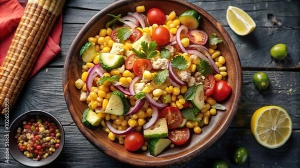 Fototapeta A vibrant corn salad with fresh vegetables garnished with herbs served in a wooden bowl on a rustic table