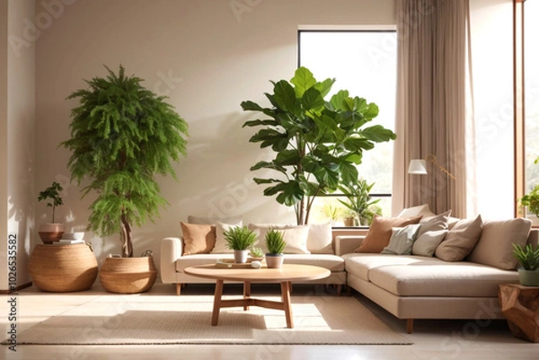 Fototapeta Fabric sofa against grid window near grunge venetian stucco wall. Wabi-sabi home interior design of modern living room.