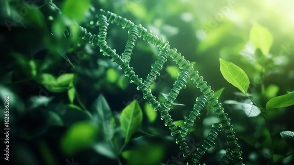 Fototapeta A DNA double helix structure, composed of green, translucent beads, floats in a natural green plant setting.