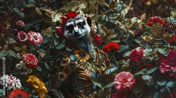 Fototapeta Anthropomorphic meerkat floral jungle mood