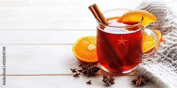 Fototapeta Glass of mulled wine with orange slices, cinnamon sticks, and star anise on a wooden table with pine branches