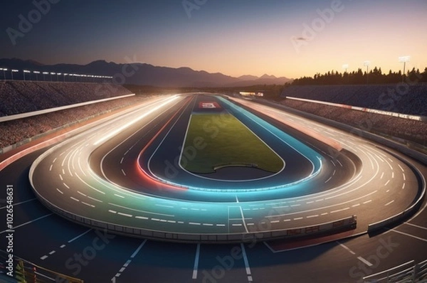 Fototapeta Deserted racetrack at sunset with illuminated curves
