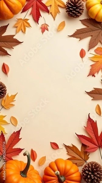 Fototapeta Autumn holiday background featuring pumpkins, colorful dried leaves, and fall decorations arranged at the bottom, leaving the top part empty. Flat lay, top view with copy space. Happy Thanksgiving, ha
