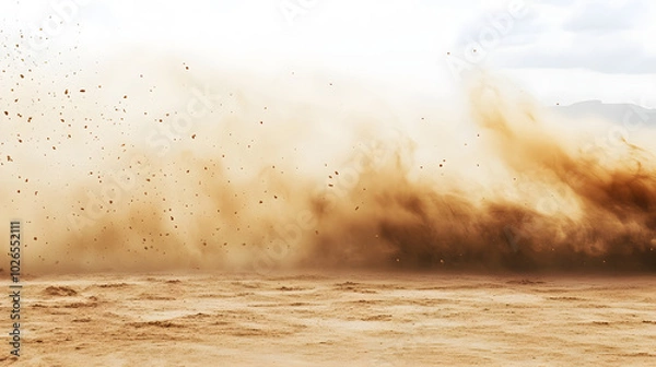 Obraz A powerful sandstorm with sand and dust particles flying and spinning isolated on white