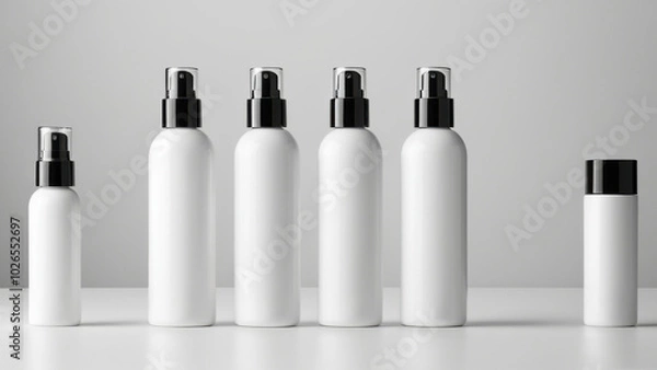 Fototapeta The image showcases stylish bottles for whitening cream on a light surface. Without labels or text, they convey elegance, perfect for promoting high-quality skincare products.