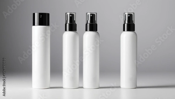 Fototapeta The image showcases stylish bottles for whitening cream on a light surface. Without labels or text, they convey elegance, perfect for promoting high-quality skincare products.