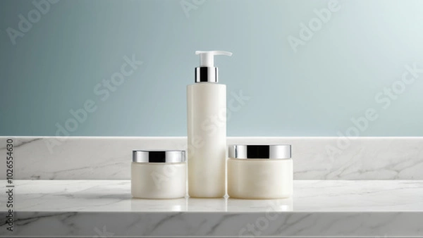 Obraz The image shows soft packaging for sensitive skin products on a clean bathroom counter. The calming aesthetic conveys comfort, making it ideal for promoting hypoallergenic skincare solutions.