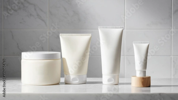 Obraz The image shows soft packaging for sensitive skin products on a clean bathroom counter. The calming aesthetic conveys comfort, making it ideal for promoting hypoallergenic skincare solutions.