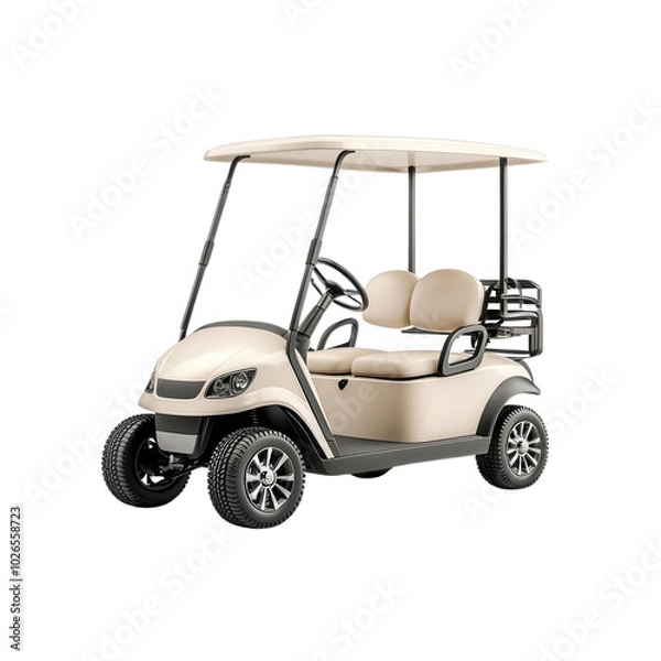 Fototapeta Golf cart with beige seats on a white isolated background.