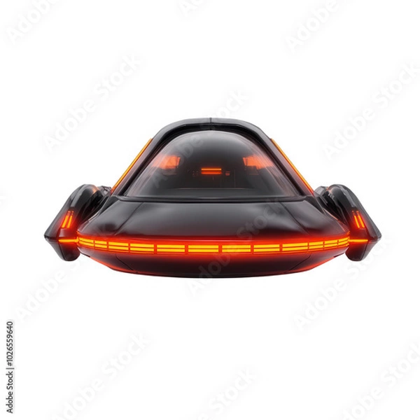Fototapeta Futuristic black UFO with glowing lights on a white isolated background.