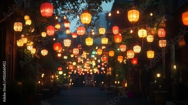 Fototapeta Illuminated Alleyway Adorned with Traditional Lanterns