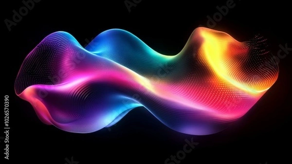 Fototapeta Abstract Colorful Wavy Lines and Glowing Dots on Black Background