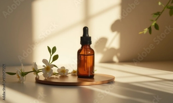 Fototapeta Amber bottle next to delicate flowers in a calm atmosphere.