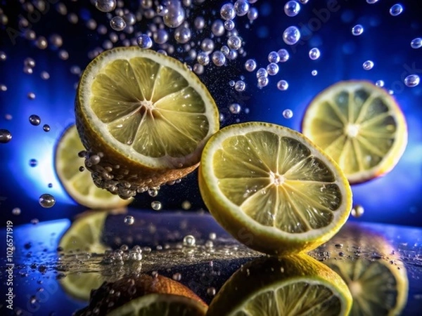 Fototapeta Citrus Elegance: Levitating Lemon Slices with Glistening Droplets on a White Background for Freshness and Vibrancy