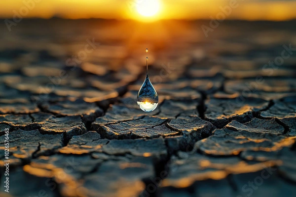 Obraz A life-saving drop of water hovers falling on a parched dry soil