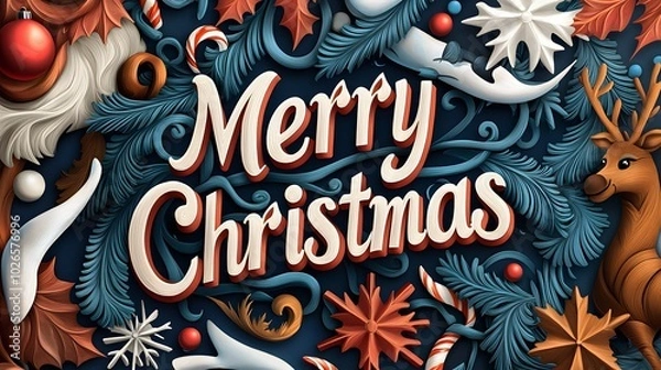Fototapeta Merry Christmas Holiday Greeting with Reindeer and Ornaments. Illustration 3D For inserting text in Copy spaces