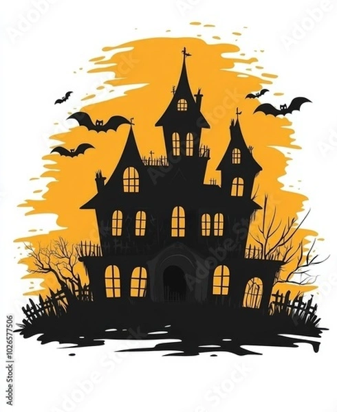 Fototapeta Halloween house  featuring a yellow and black color palette ， a silhouette of a haunted mansion with black bat silhouettes flying in the sky and a glowing yellow moon shining behind it