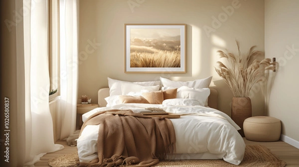 Obraz Mockup frame set in a serene bedroom with calming tones and cozy textures, creating a restful vibe. bedroom decor, peaceful setting, framed artwork.