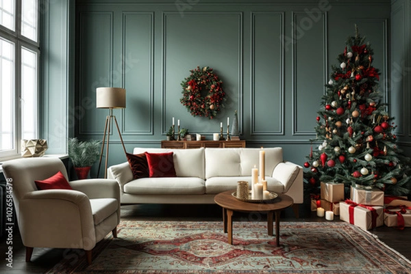Fototapeta Cozy Christmas living room interior with a modular sofa, armchair, candlestick, Christmas tree, gifts, decorations
