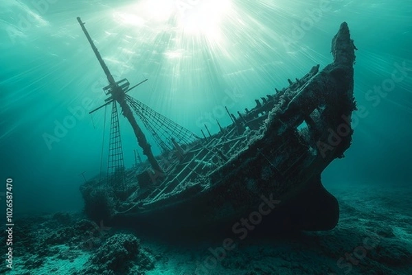 Obraz A Shipwreck on the Ocean Floor, Where the Remains of the Ship Are Covered in Coral and Seaweed